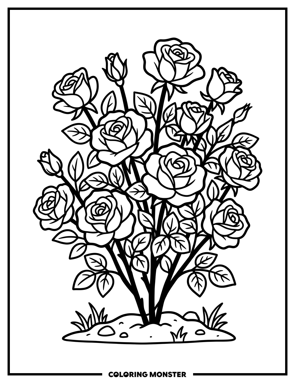 Rose Bush With Blooming Flowers Coloring Page