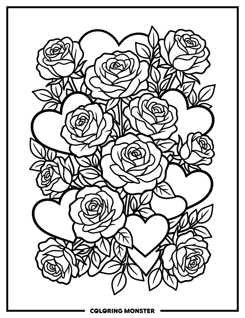 Roses and Hearts Bloom Coloring Page