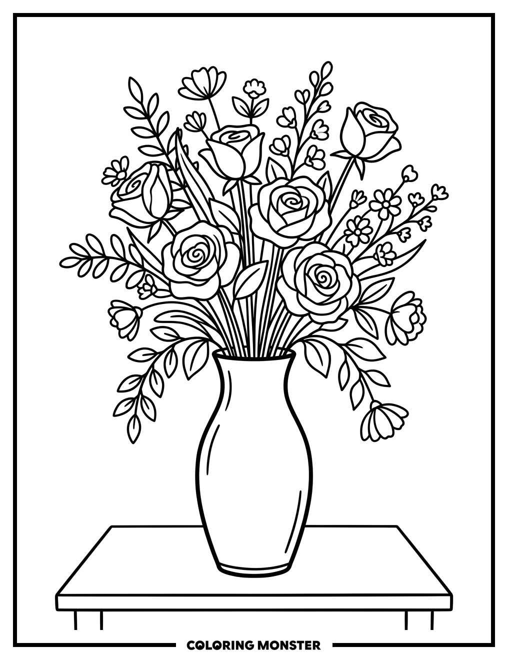Roses and Wildflowers in a Vase Coloring Page