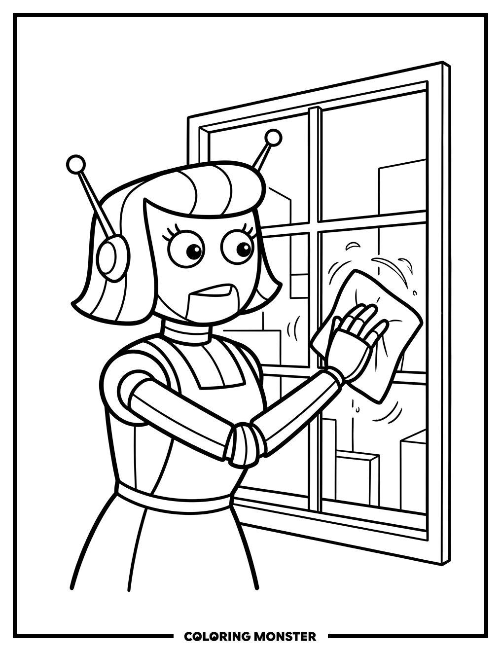 Rosie the Robot Cleans a Window Coloring Page