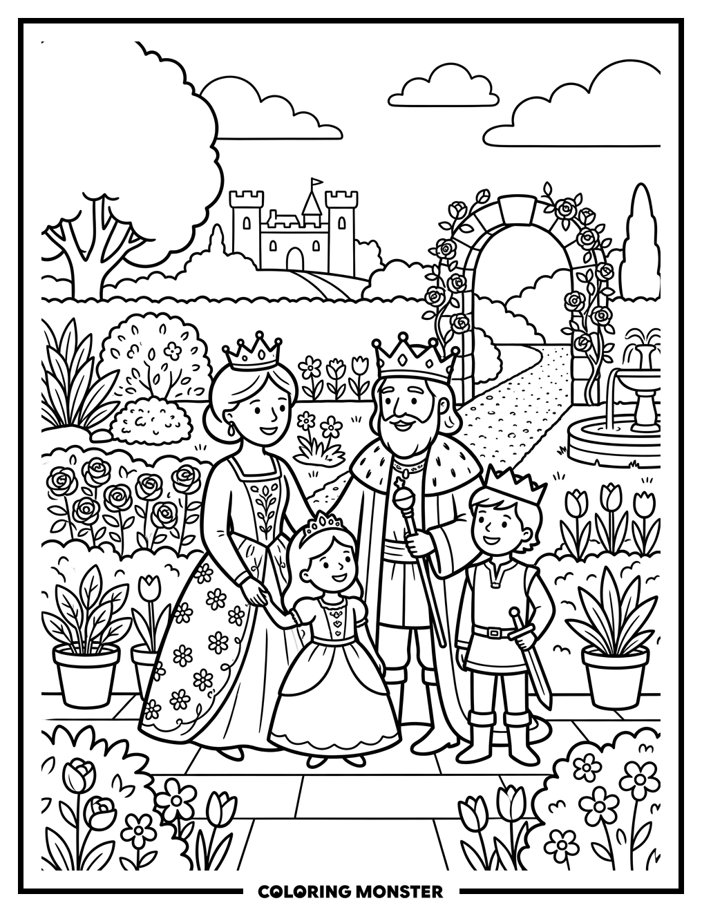 Royal Family in Garden Coloring Page