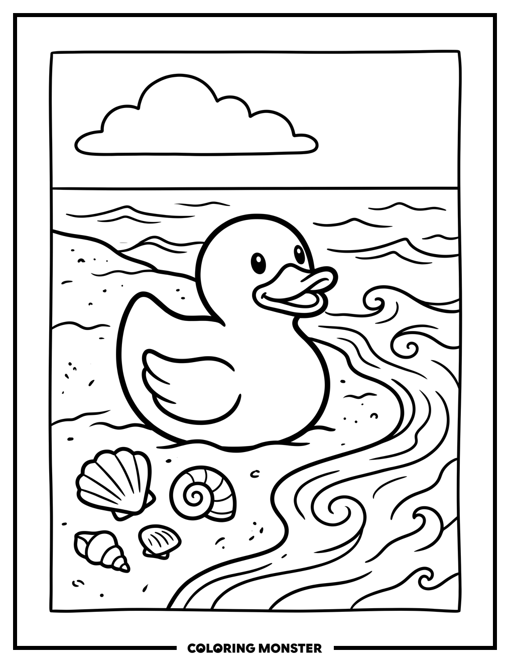Rubber Ducky on a Beach Coloring Page