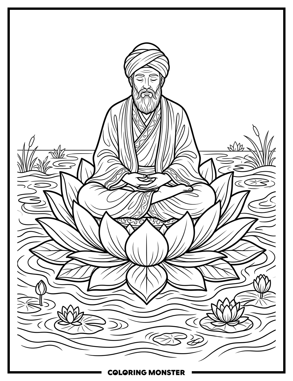 Rumi Meditating on a Lotus Flower Coloring Page