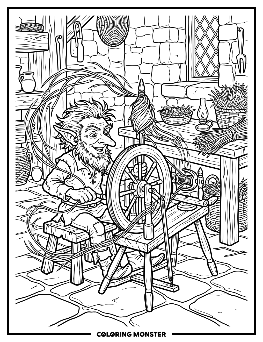 Rumpelstiltskin Spins Straw Into Gold Coloring Page