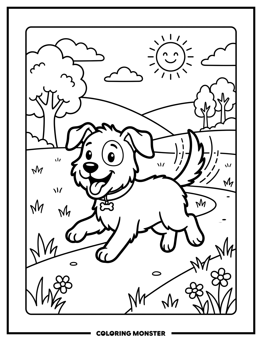 Running Dog in Field Coloring Page