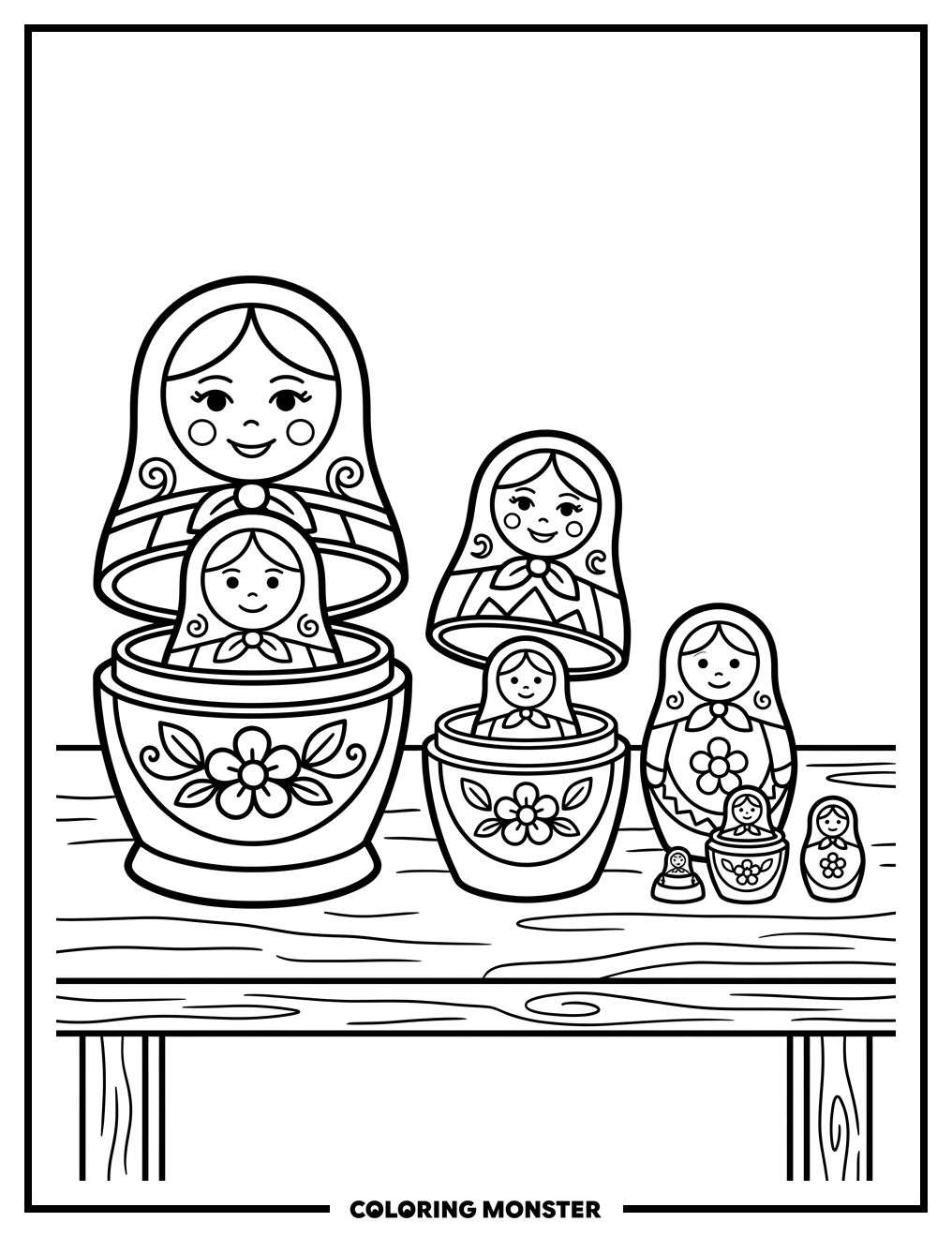 Russian Nesting Dolls on Table Coloring Page