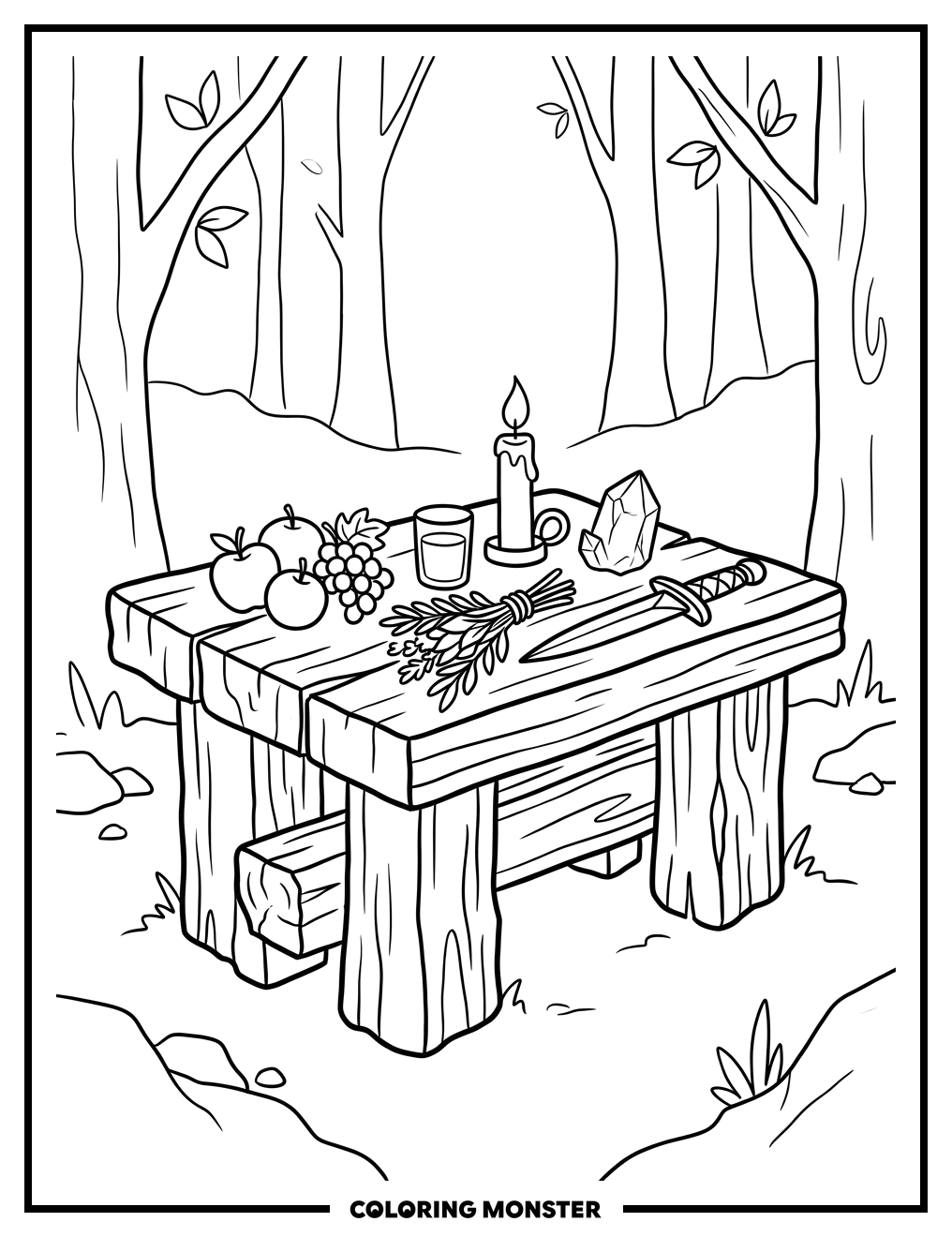 Rustic Altar with Fruits and Herbs Coloring Page