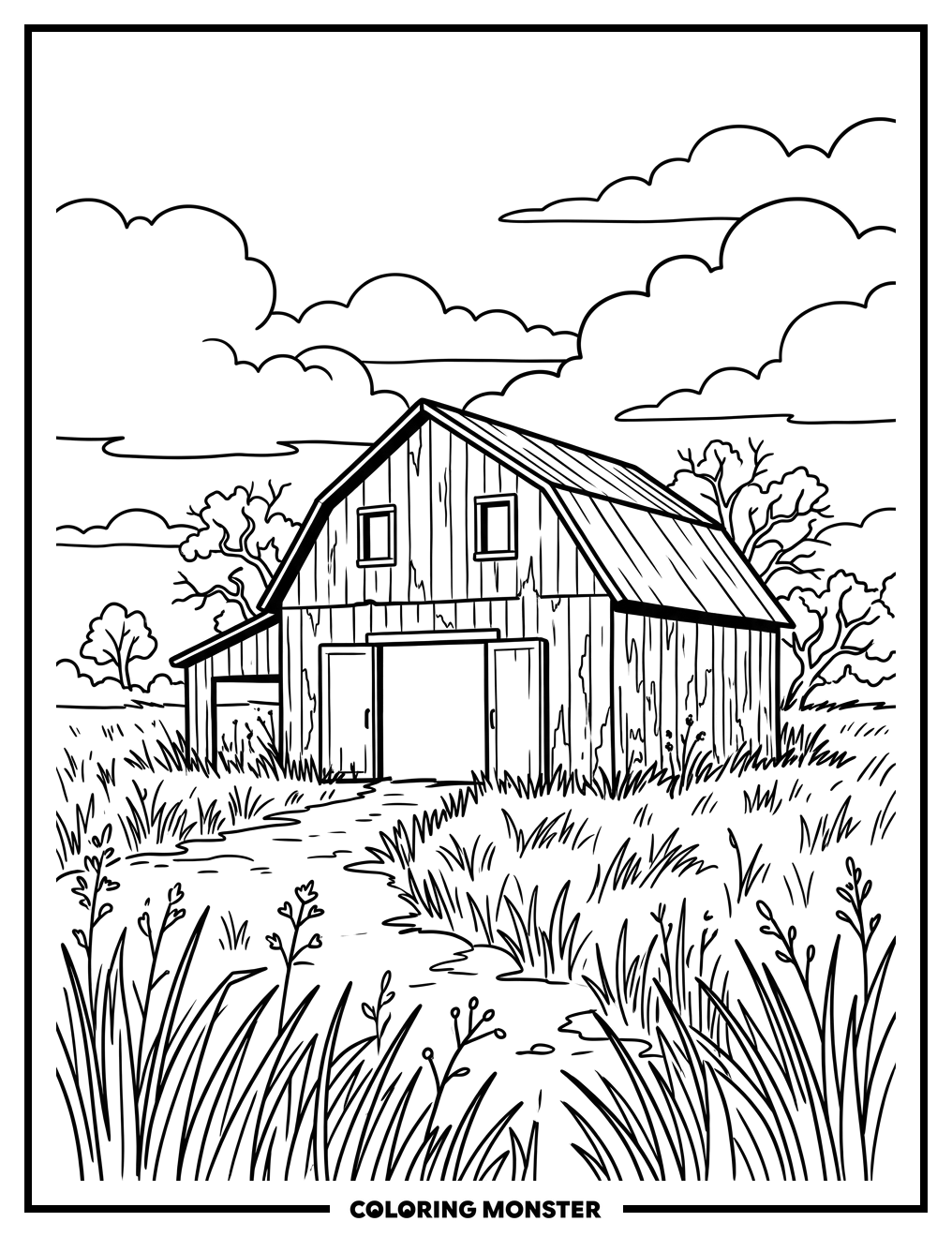 Rustic Barn in Overgrown Field Coloring Page