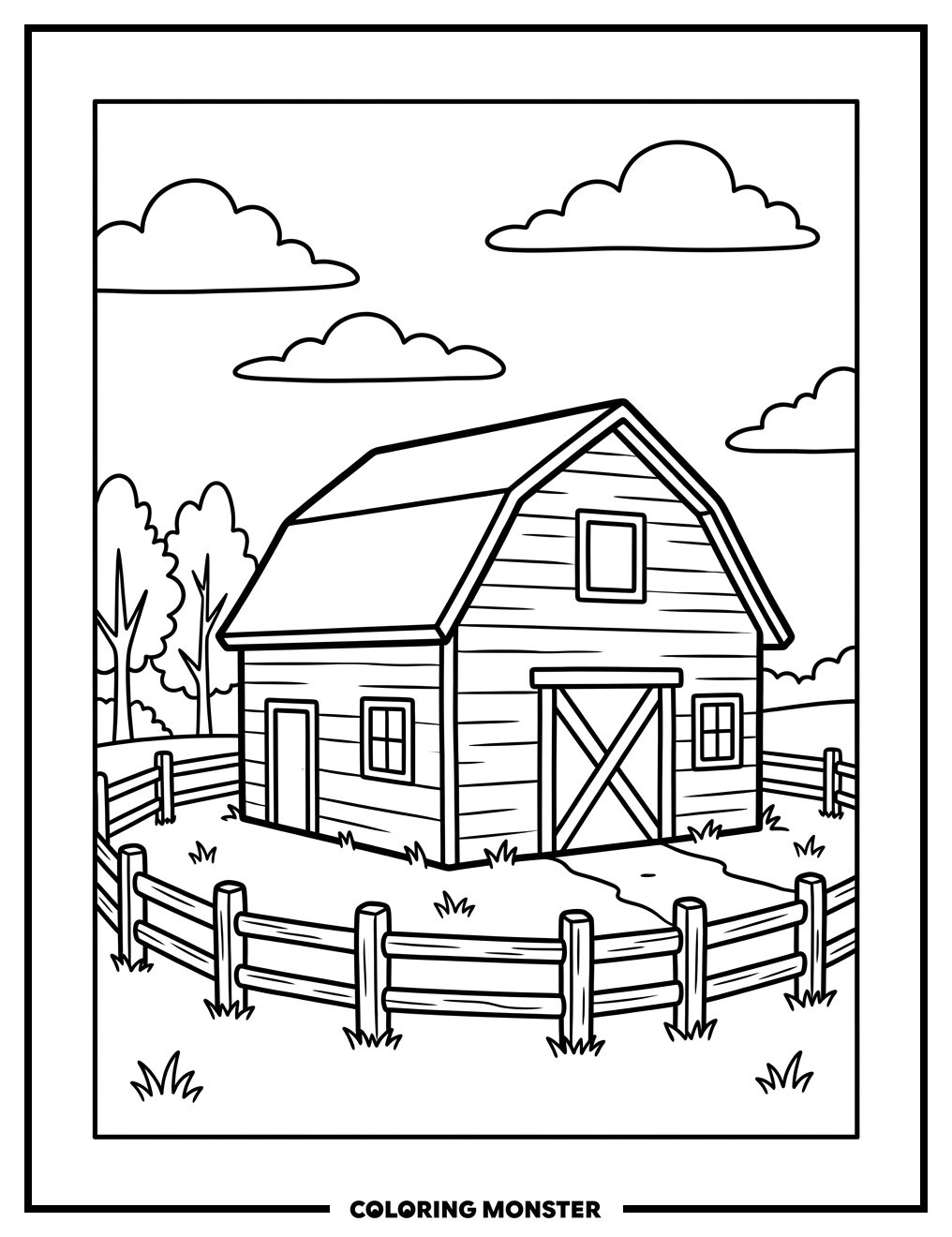 Rustic Barn with Fence Coloring Page