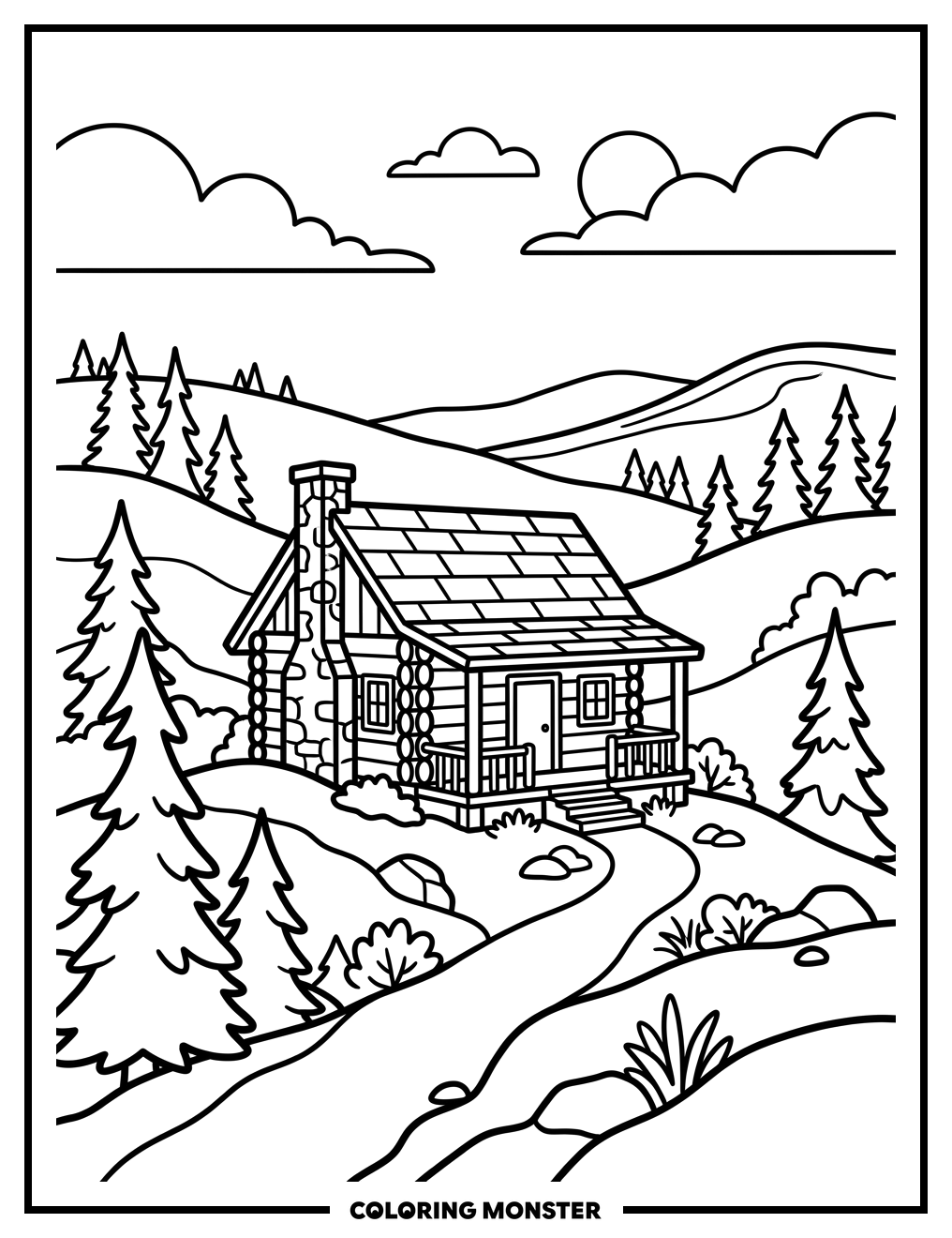 Rustic Cabin in Wyoming Hills Coloring Page