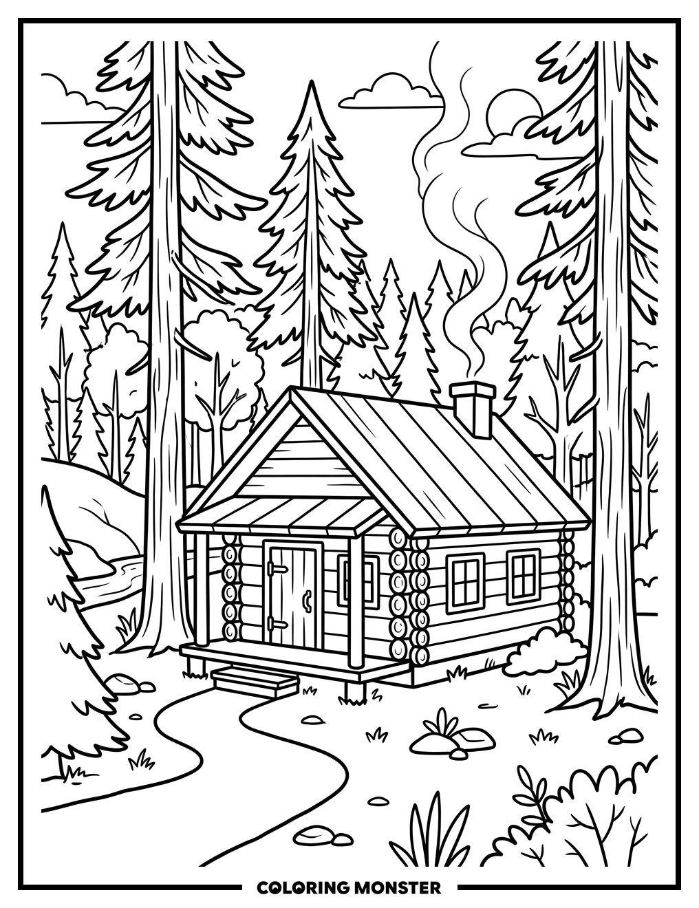 Rustic Log Cabin in Pine Forest Coloring Page