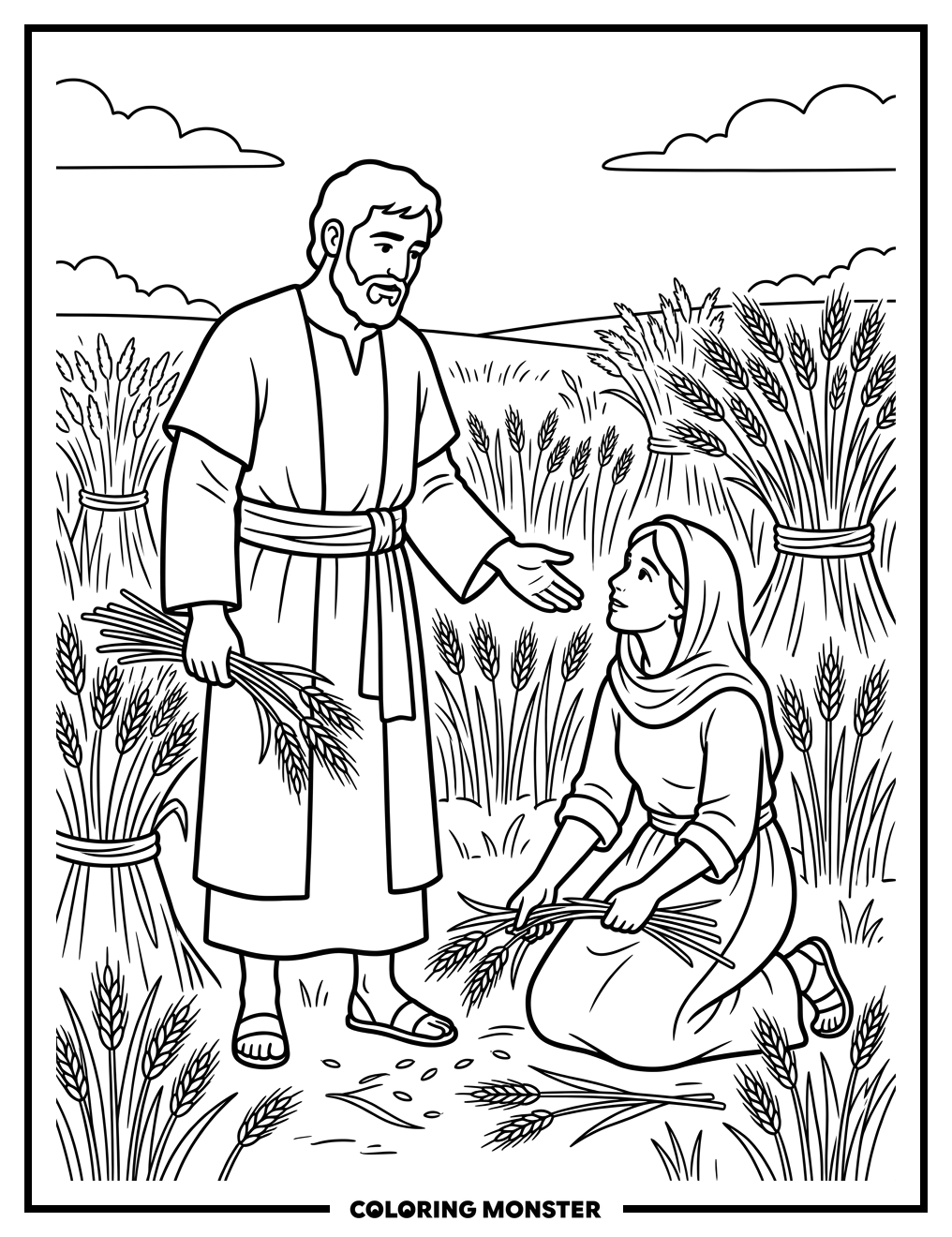 Ruth and Boaz in the Harvest Field Coloring Page