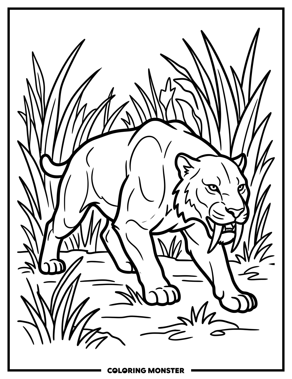 Saber-Toothed Cat Stalking Prehistoric Grass Coloring Page