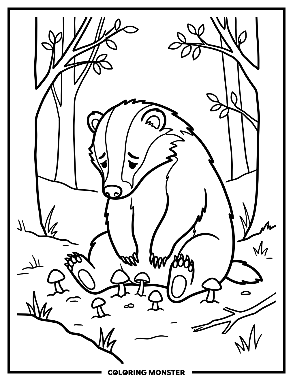 Sad Badger in Forest Clearing Coloring Page