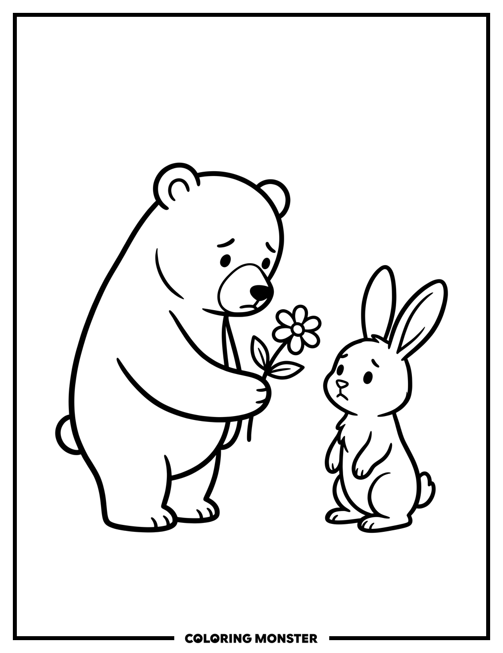 Sad Bear Offers Flower To Rabbit Coloring Page