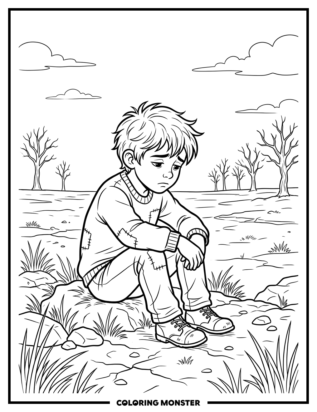 Sad Boy in Empty Landscape Coloring Page