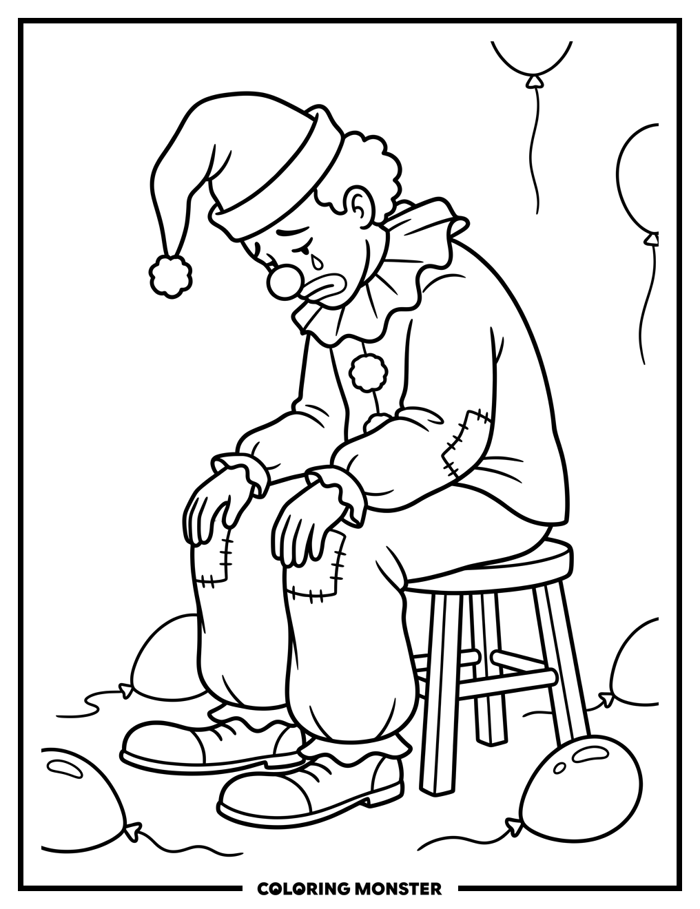 Sad Clown on Stool Coloring Page