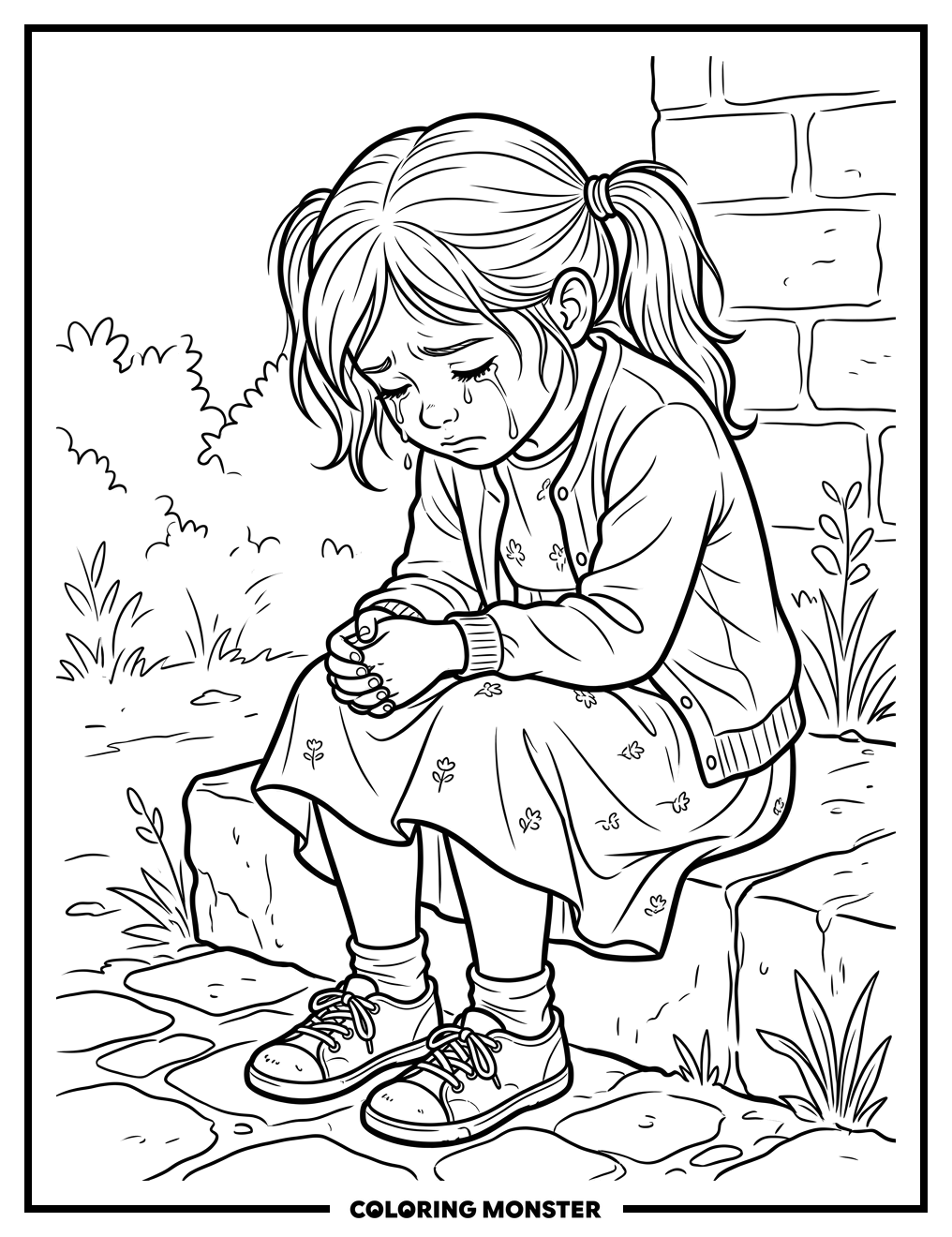 Sad Girl Crying Alone Coloring Page