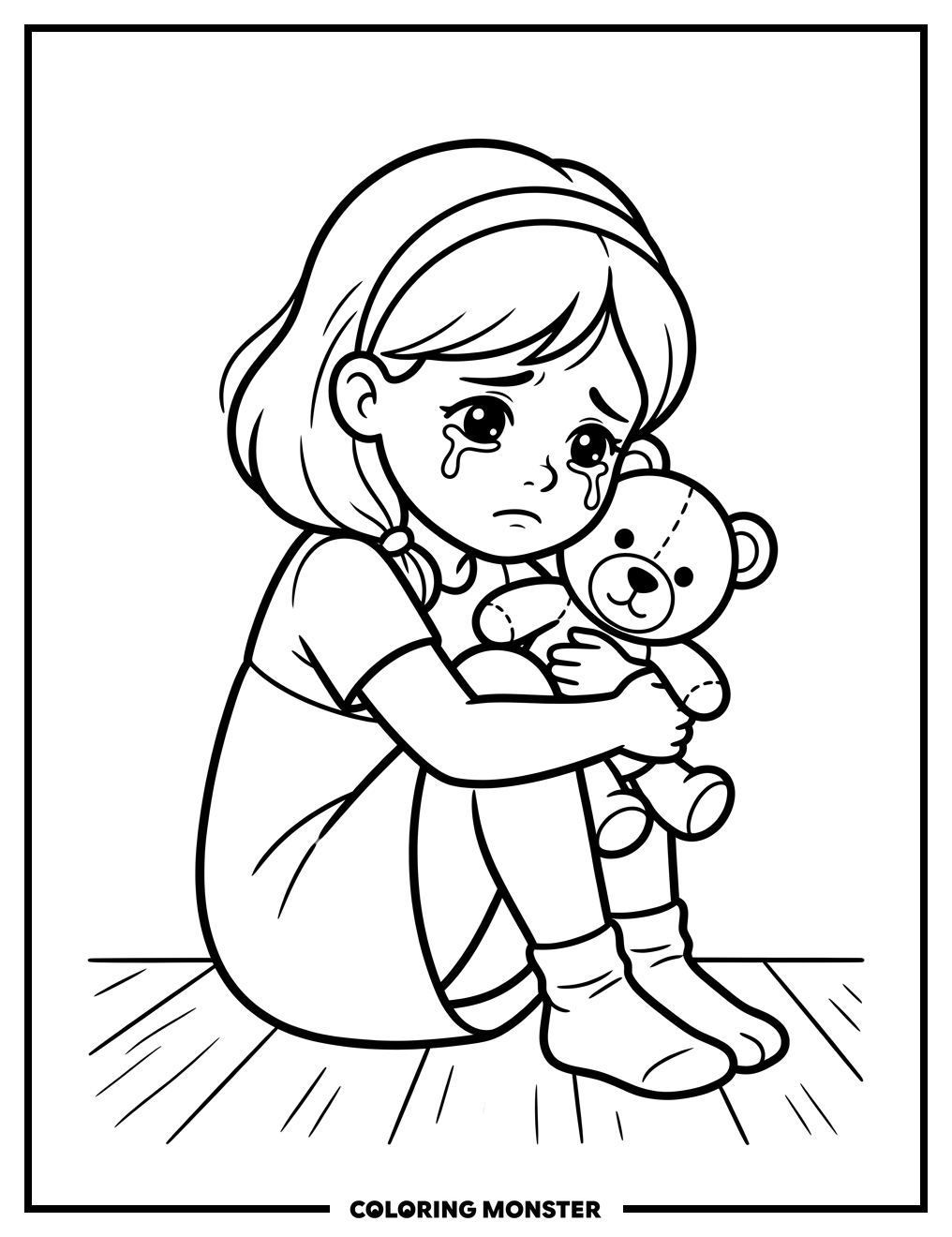 Sad Girl With Teddy Bear Coloring Page