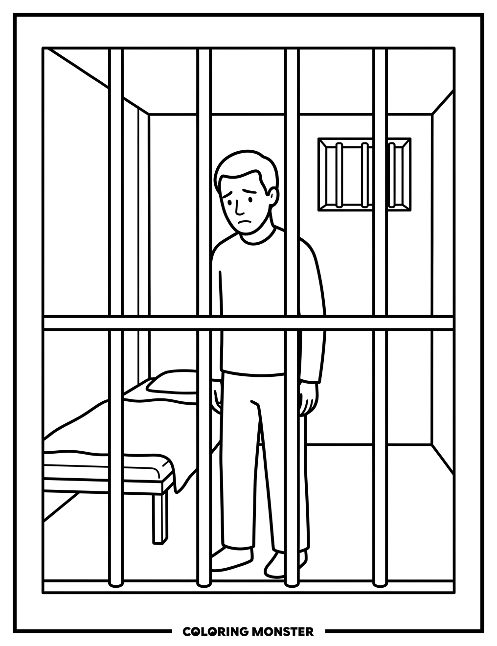 Sad Prisoner in Jail Cell Coloring Page