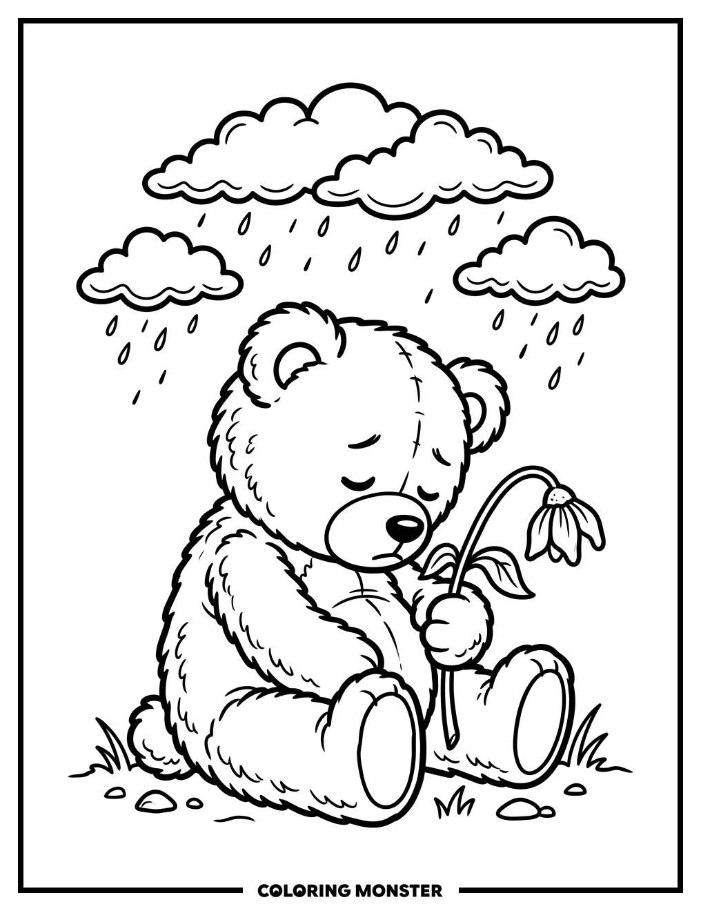 Sad Teddy Bear With Flower Coloring Page