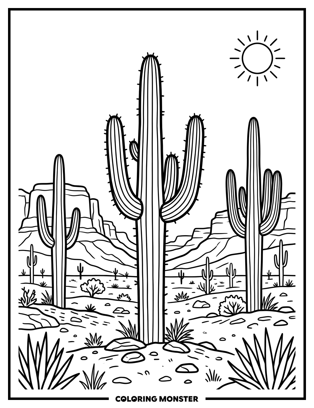 Saguaro Cacti in the Desert Coloring Page