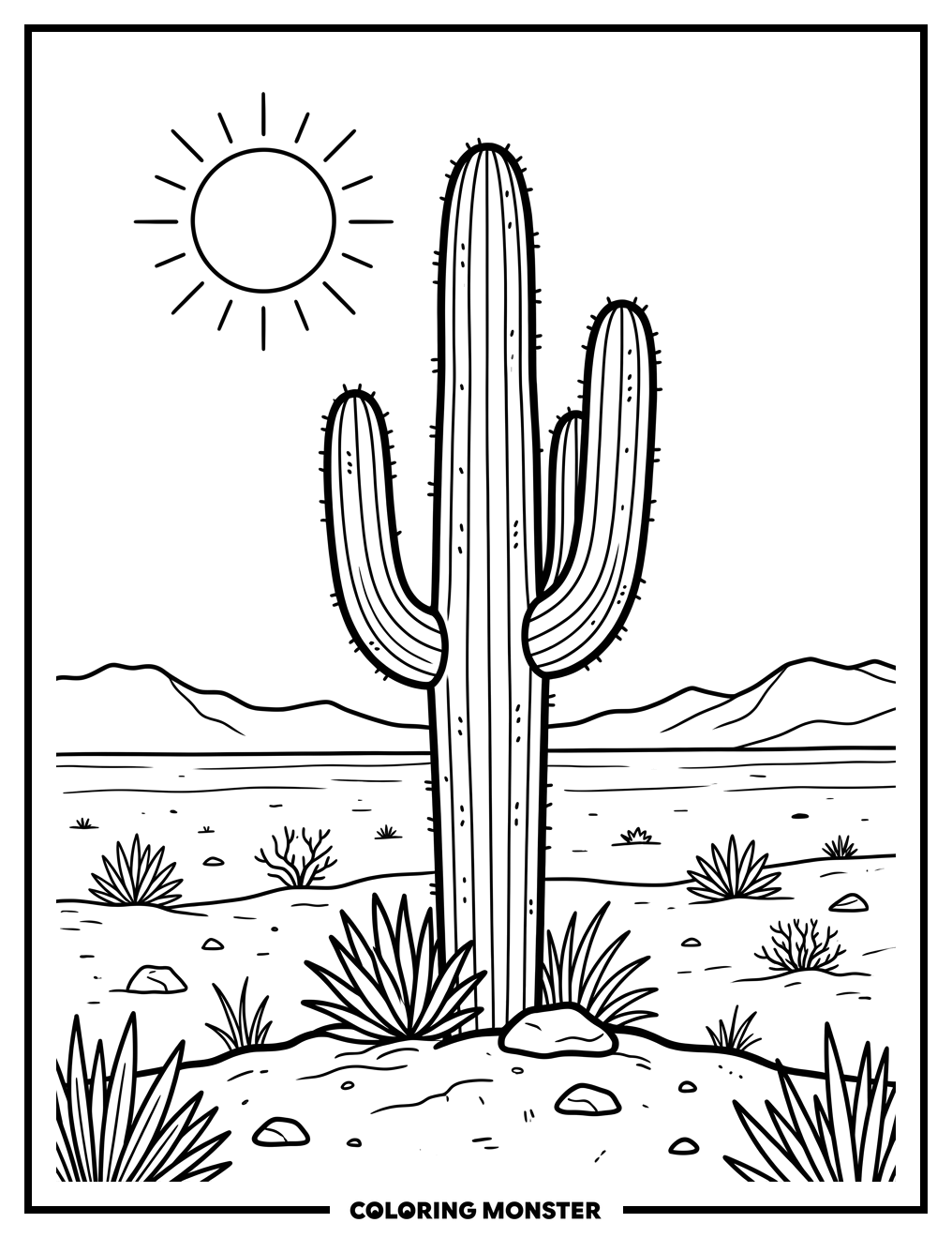 Saguaro Cactus in the Desert Coloring Page