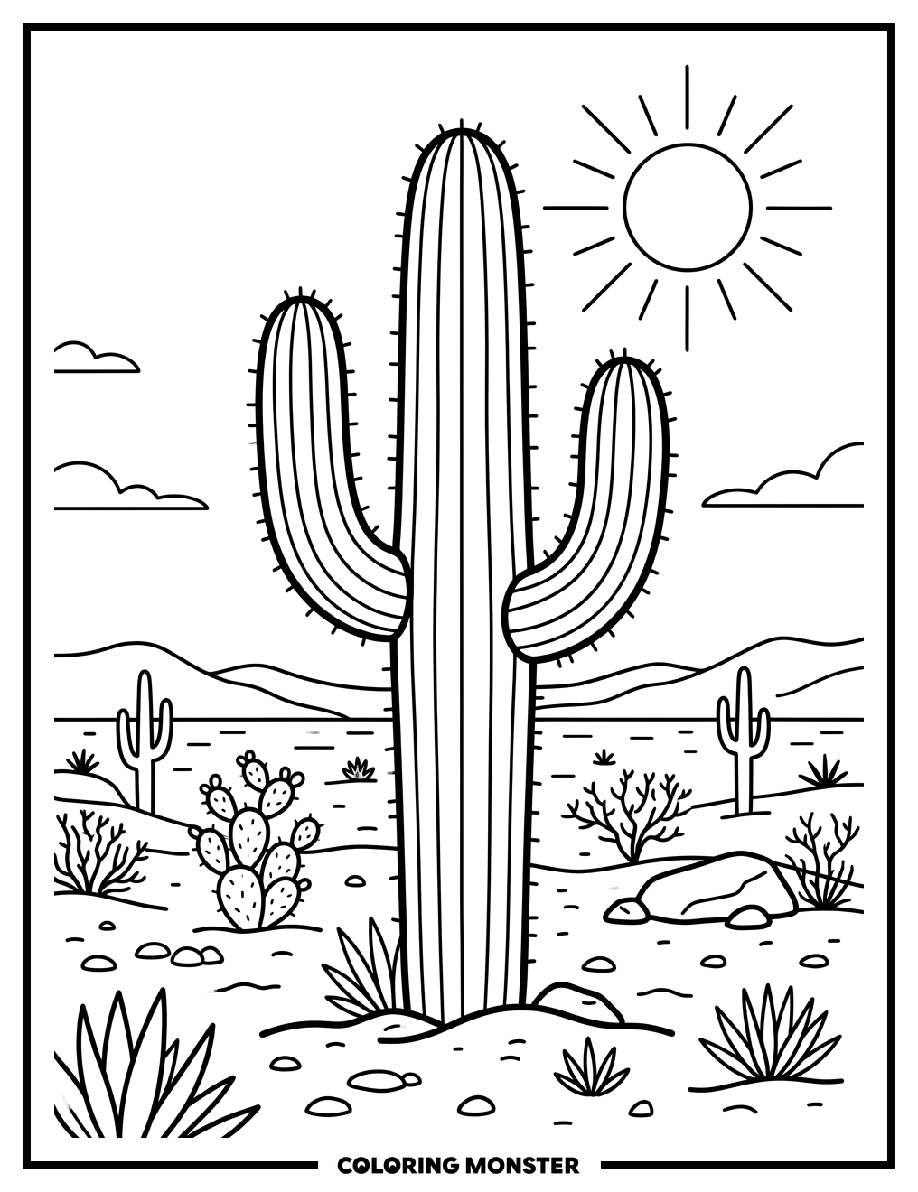 Saguaro Cactus in the Desert Coloring Page