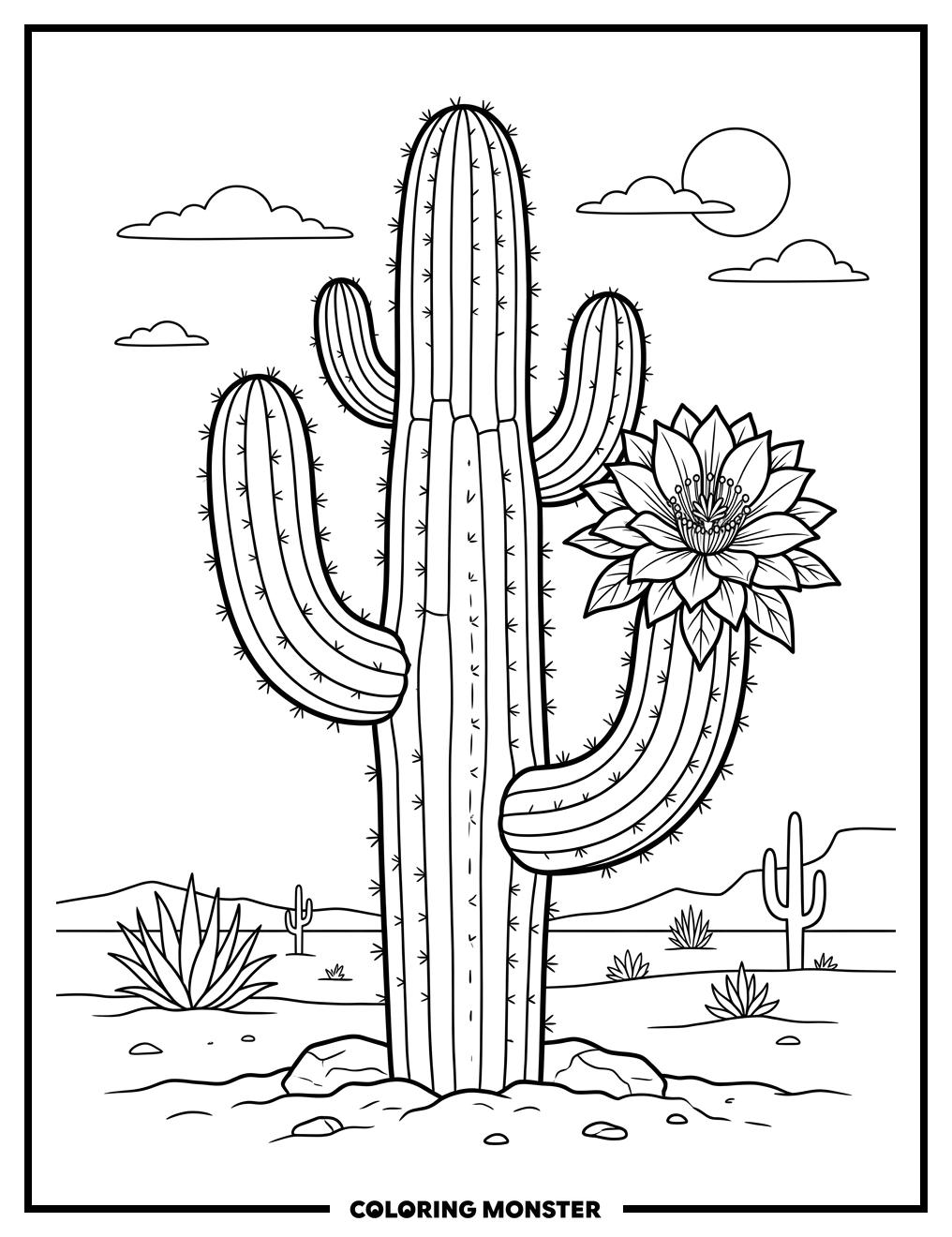 Saguaro Cactus With Blooming Flower Coloring Page