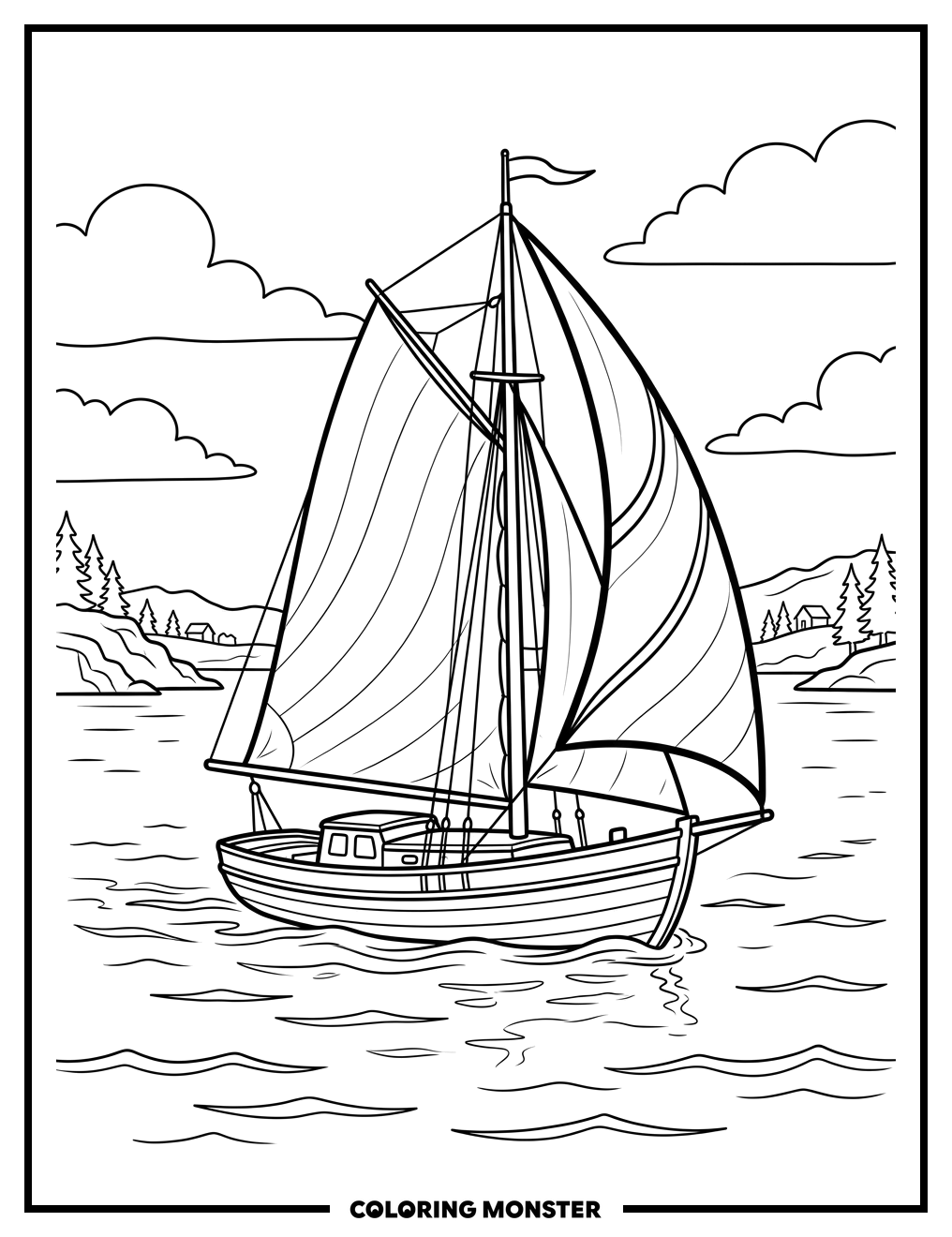 Sailboat on Calm Water Coloring Page