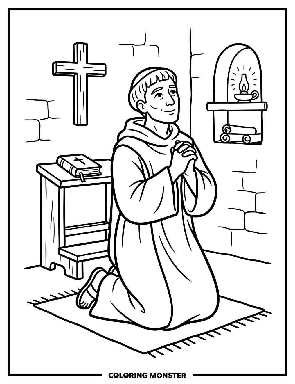 Saint Augustine Kneeling in Prayer Coloring Page