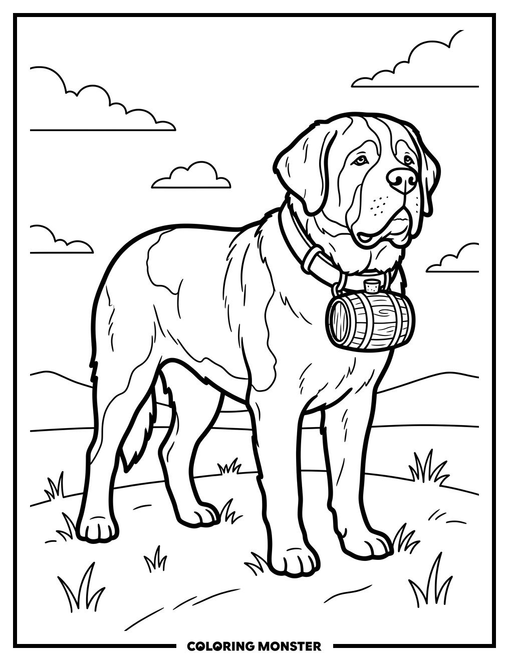 Saint Bernard Dog with Barrel Collar Coloring Page