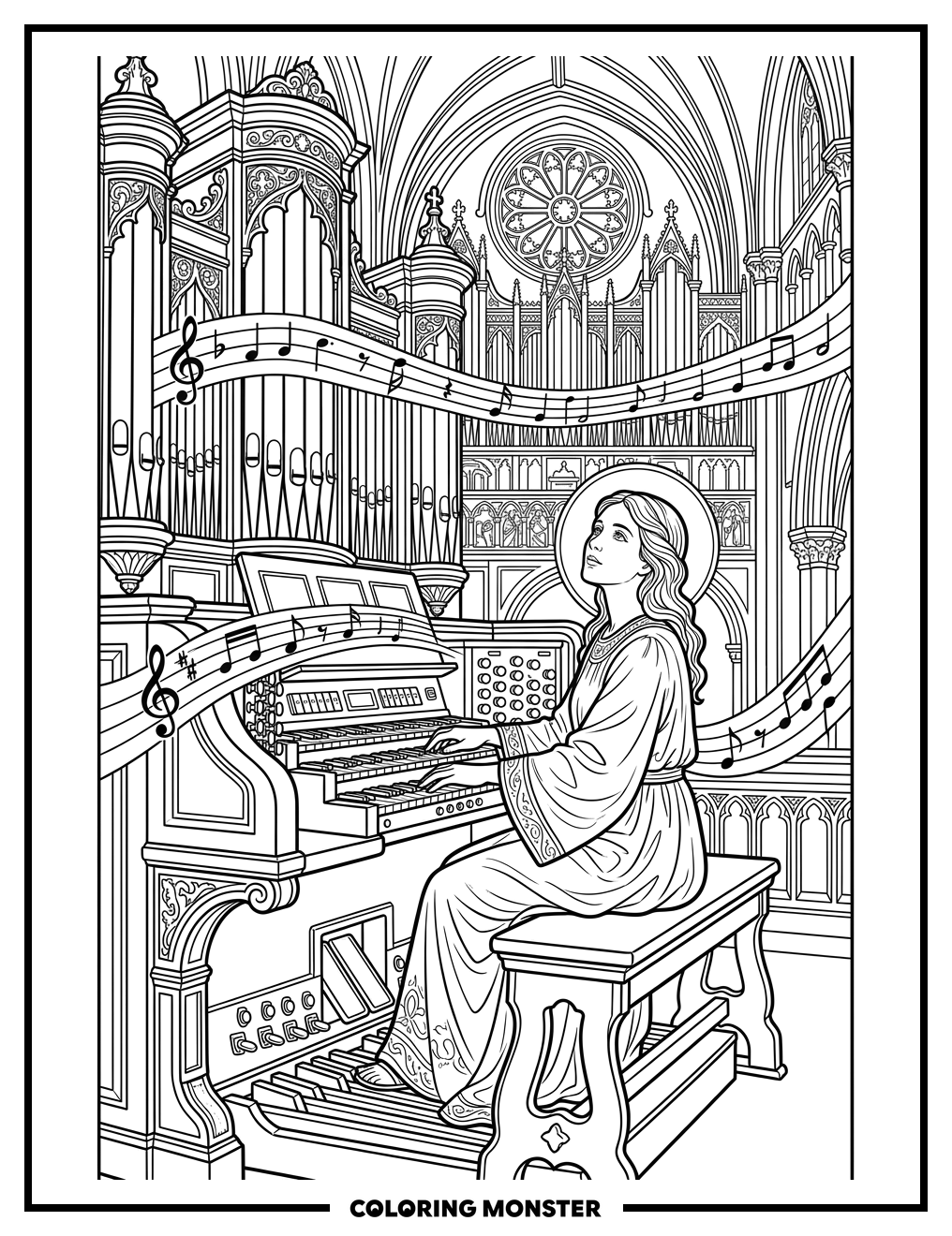 Saint Cecilia Playing a Grand Pipe Organ Coloring Page