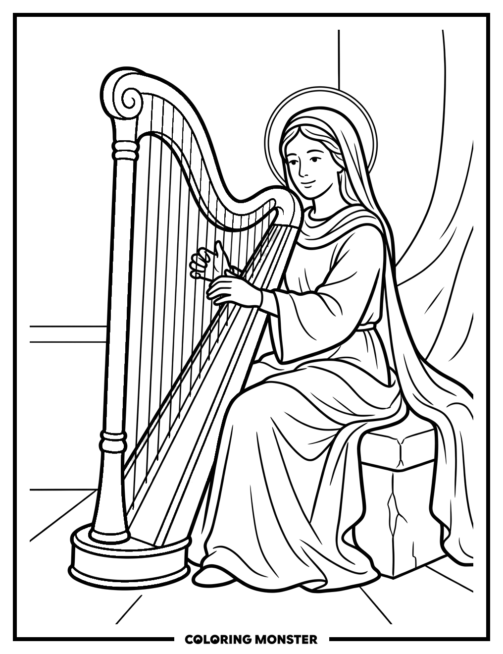 Saint Cecilia Playing the Harp Coloring Page