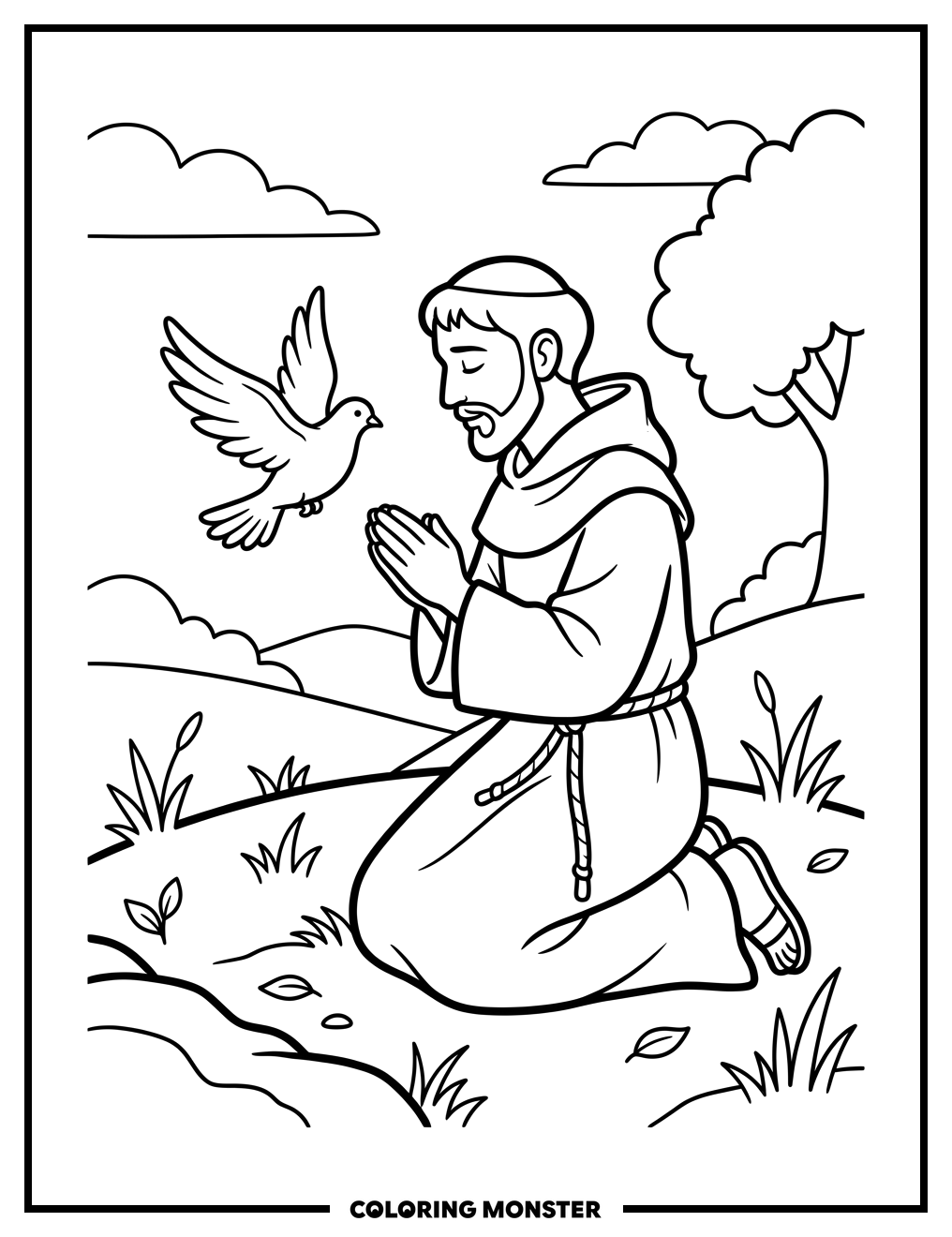 Saint Francis and Dove Praying Coloring Page