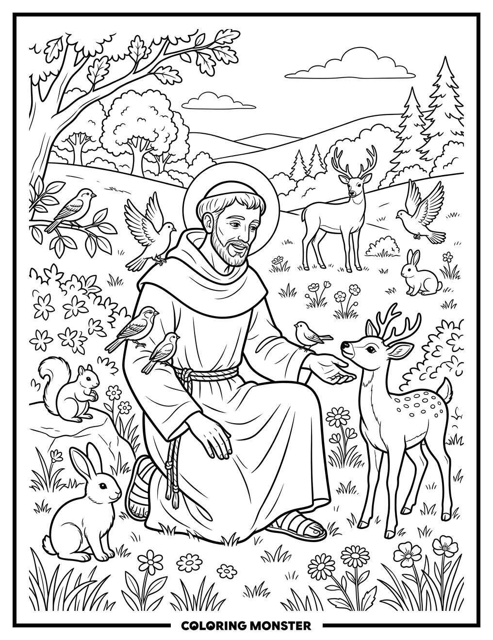 Saint Francis With Animals In Meadow Coloring Page