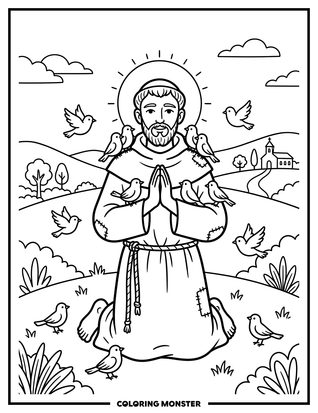 Saint Francis With Birds Coloring Page