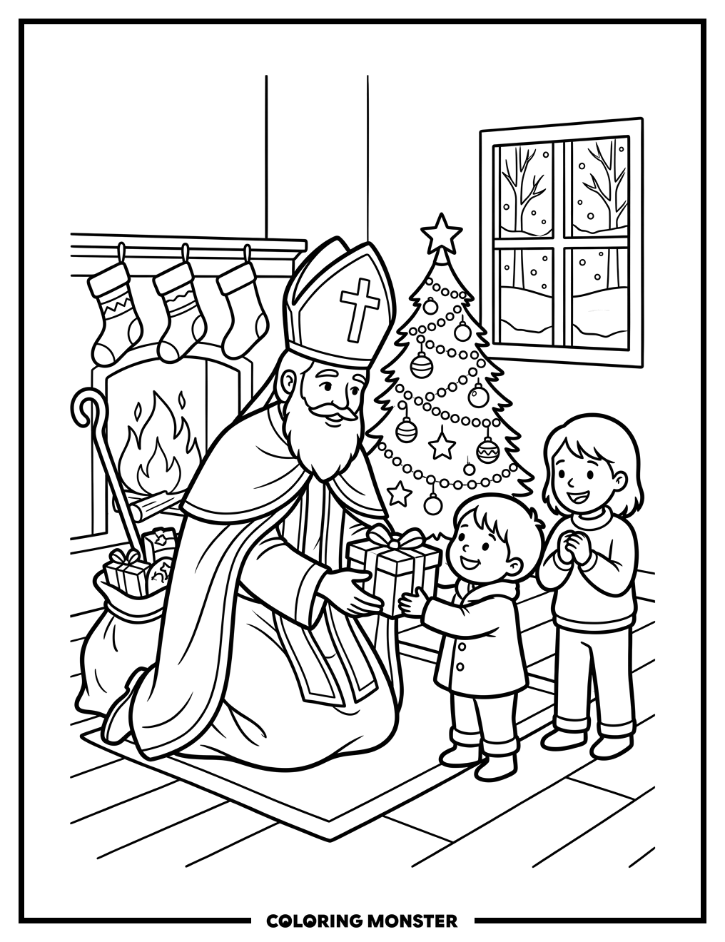 Saint Nicholas Gives Gifts Coloring Page