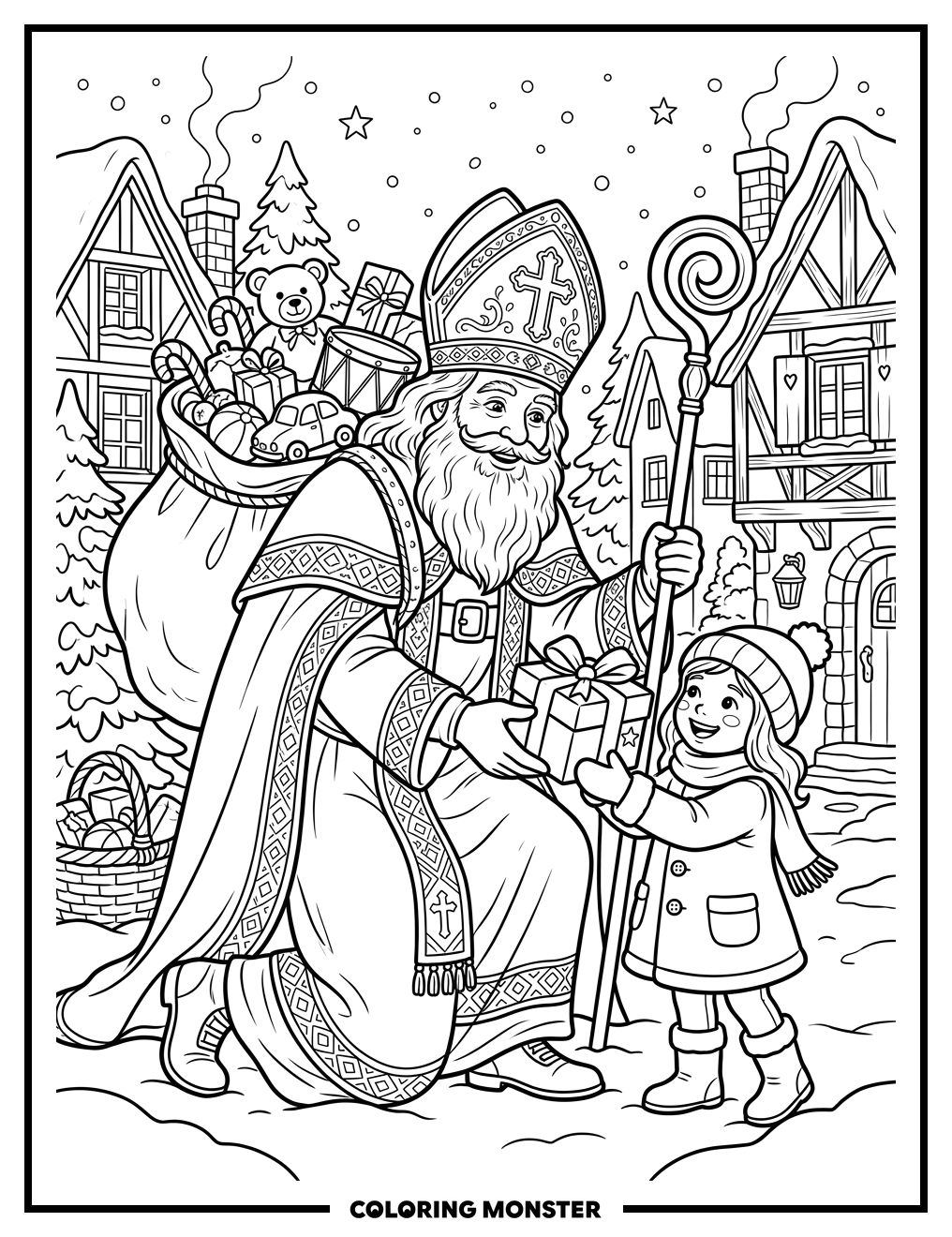 Saint Nicholas Giving Gifts Coloring Page