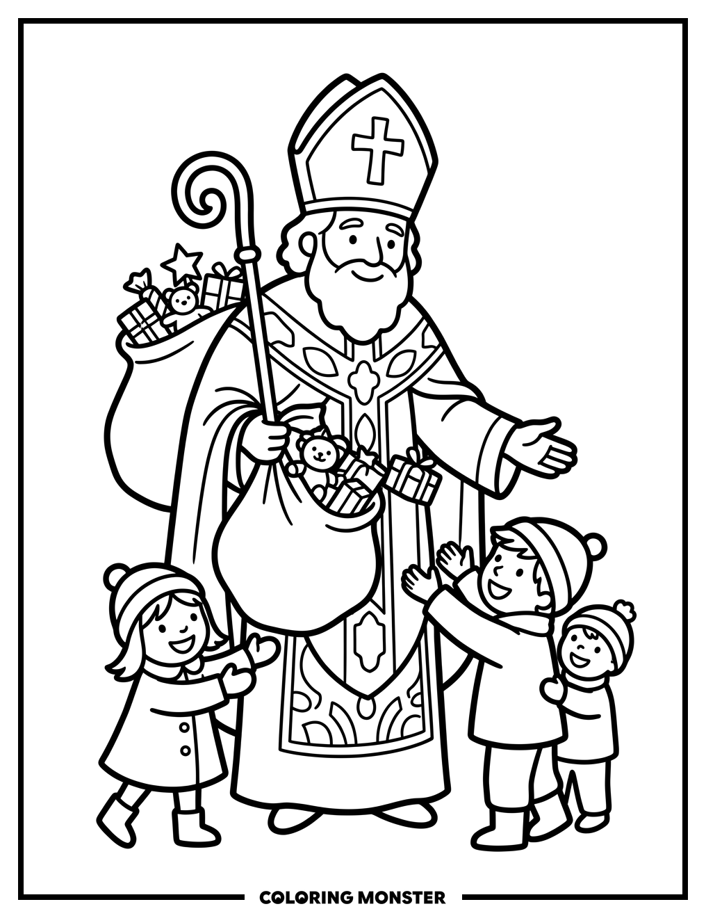 Saint Nicholas Giving Gifts Coloring Page