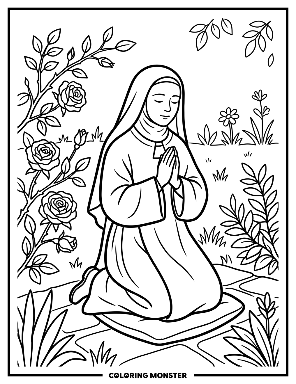Saint Therese Praying in Garden Coloring Page