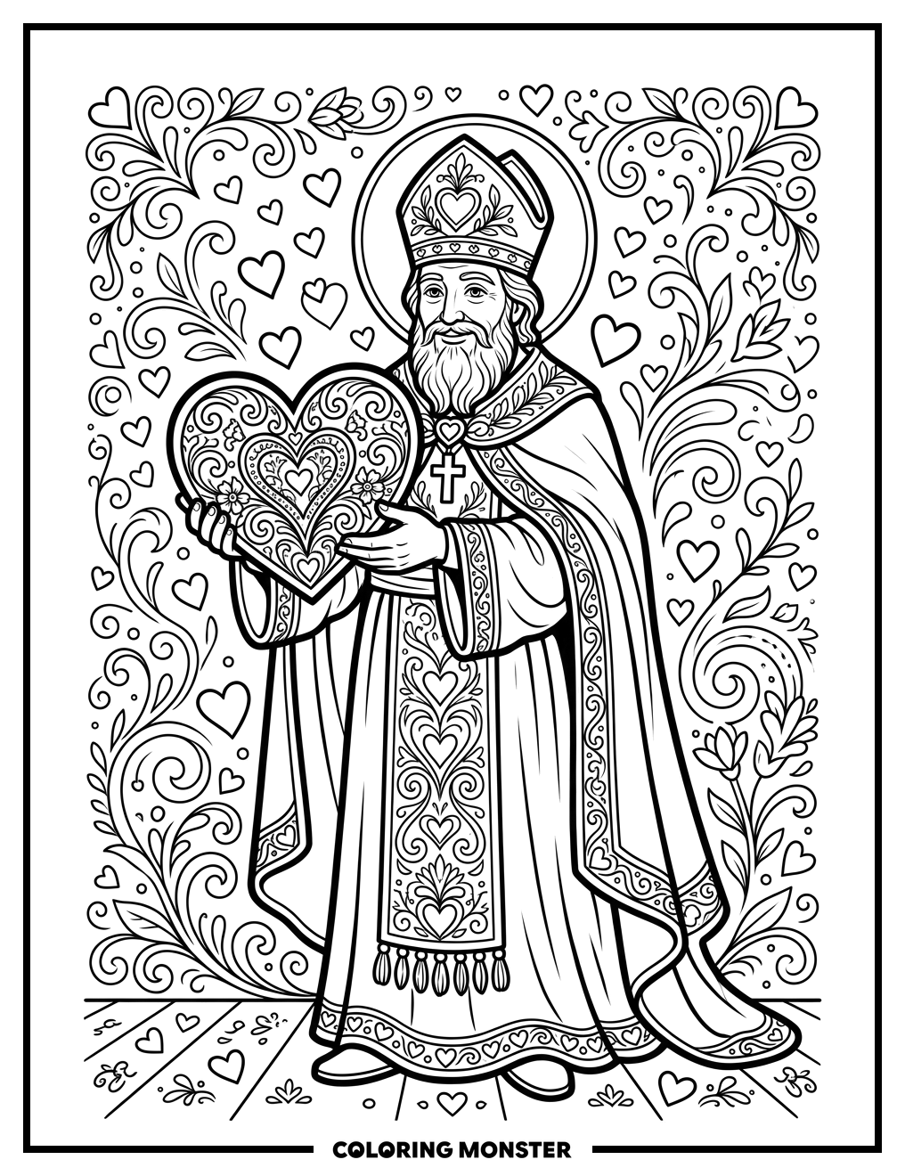 Saint Valentine With A Heart Coloring Page