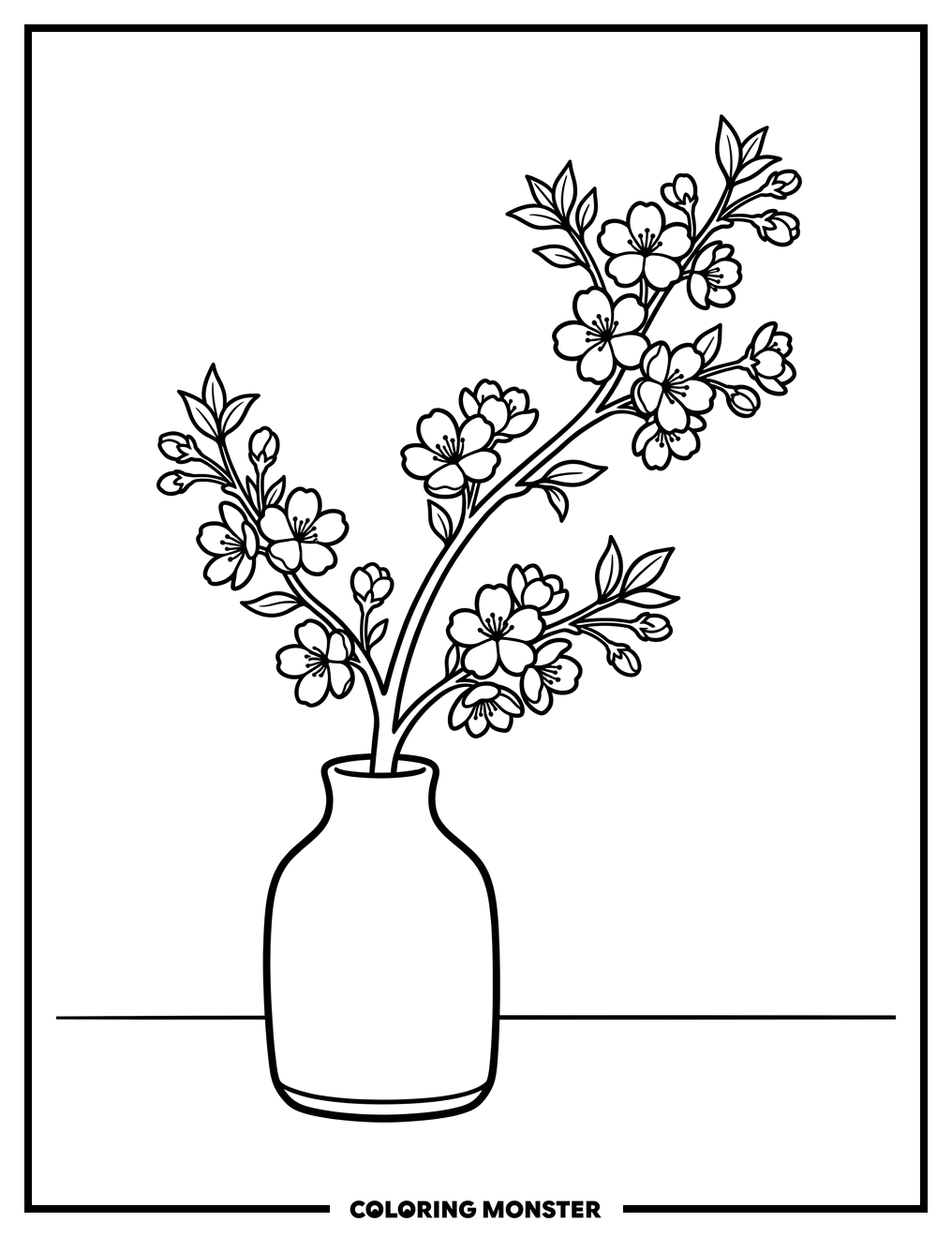 Sakura Branch in Vase Coloring Page