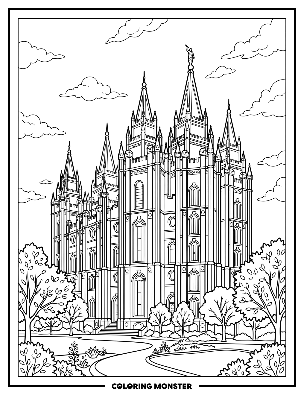 Salt Lake Temple with Spires and Clouds Coloring Page