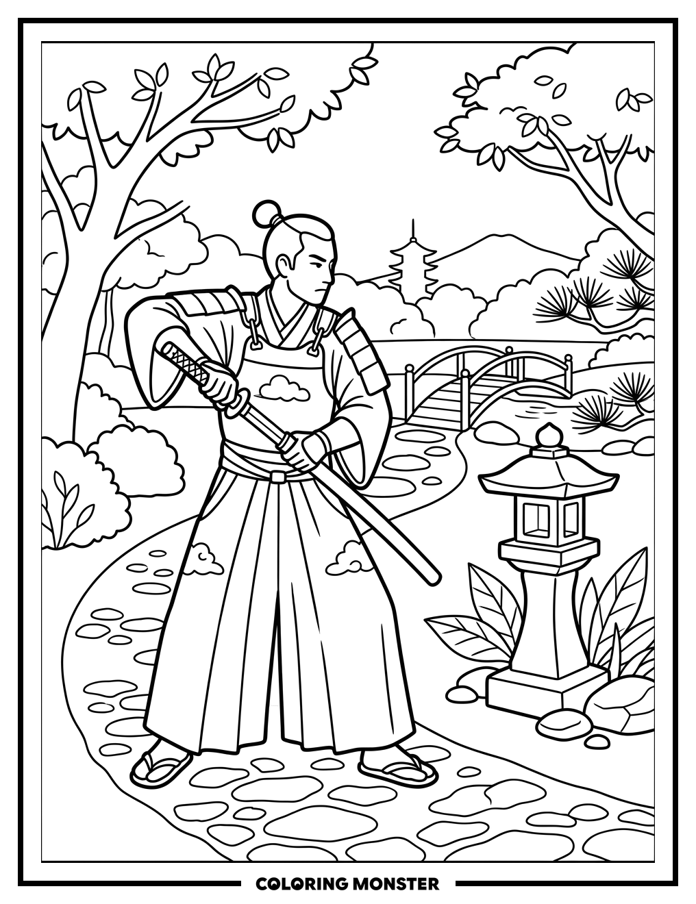 Samurai Warrior in Japanese Garden Coloring Page