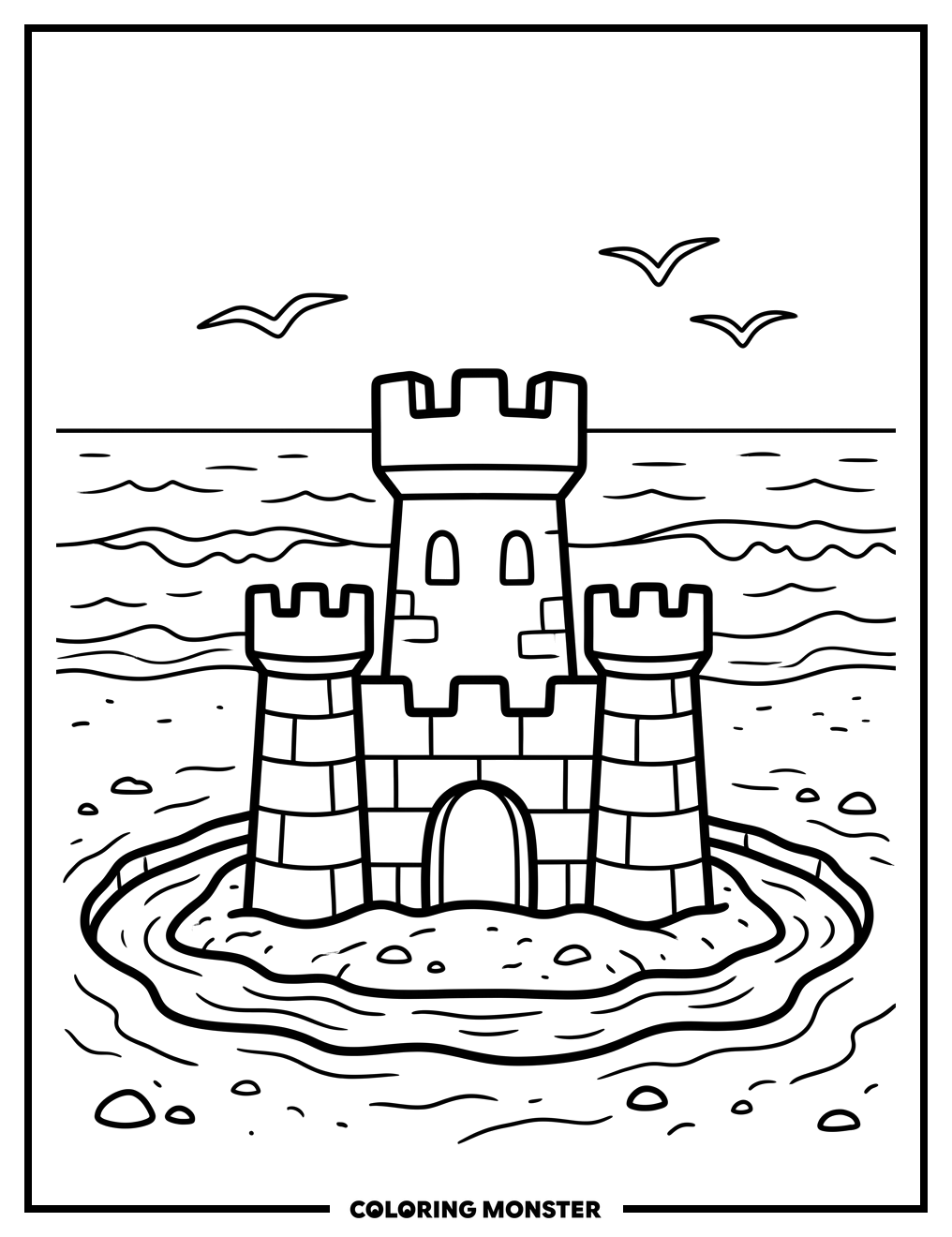 Sandcastle on a Sunny Beach Coloring Page