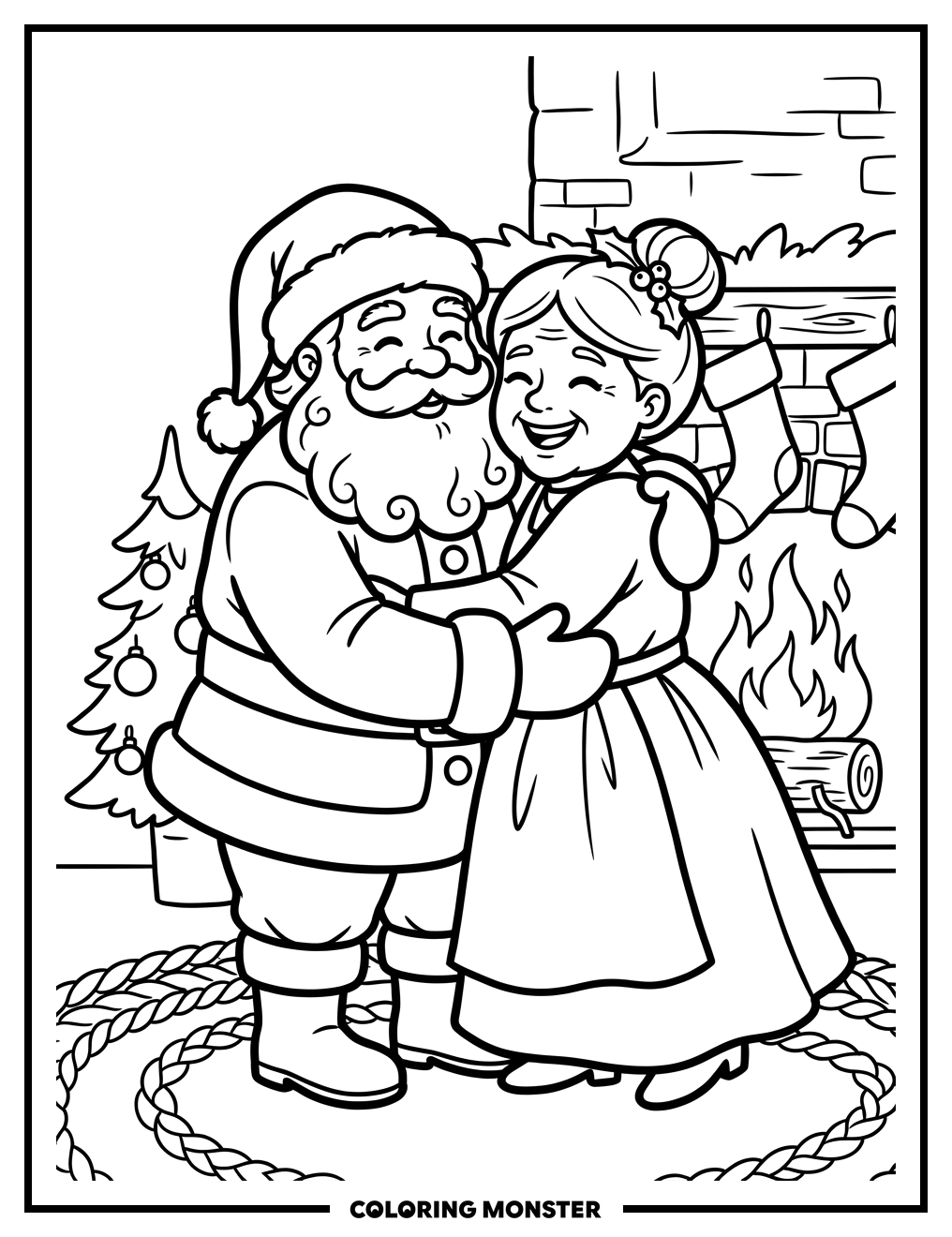 Santa And Mrs. Claus Embrace Coloring Page