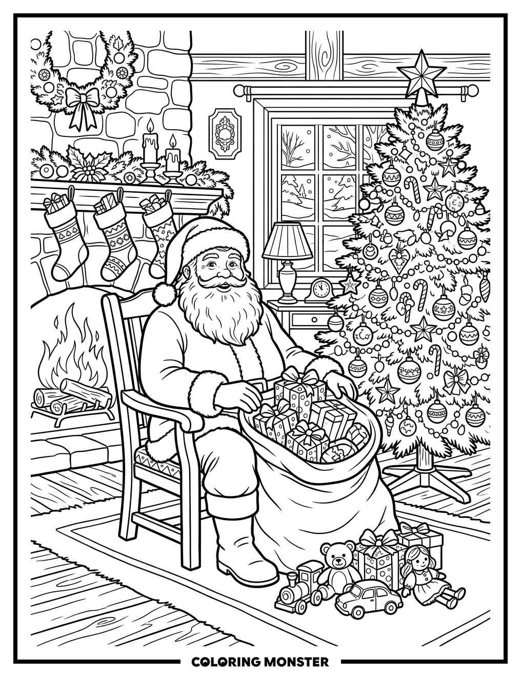 Santa By The Fireplace Coloring Page