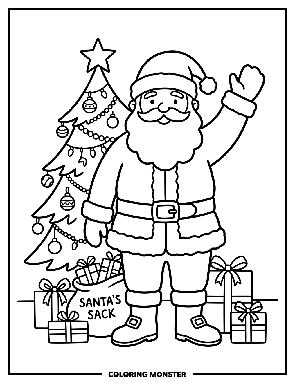 Santa Claus and Christmas Tree Coloring Page