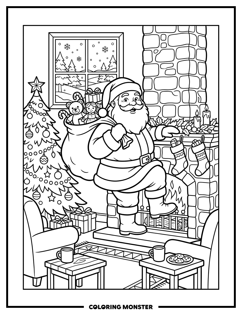Santa Claus Arriving Down Chimney Coloring Page